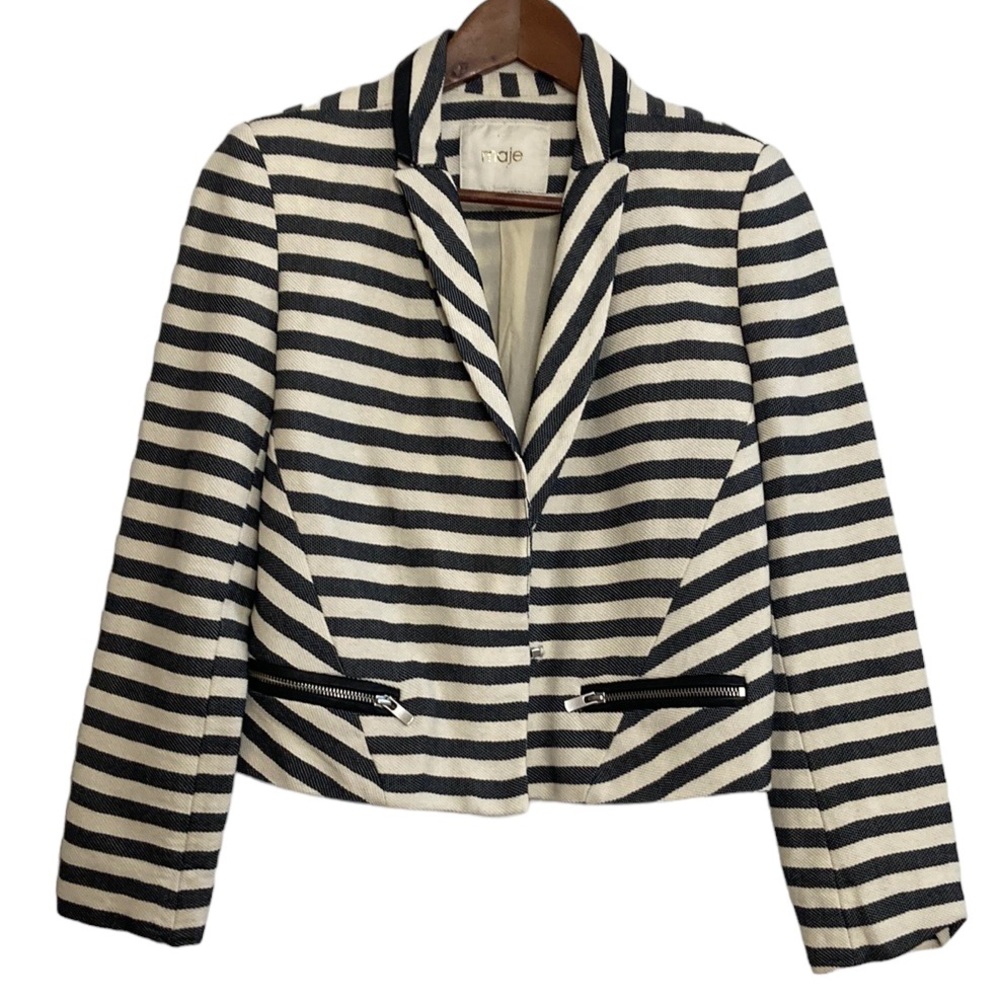 Maje Jacket Womens Small Gray Cream Cotton Striped Cropped Blazer Leather Trim